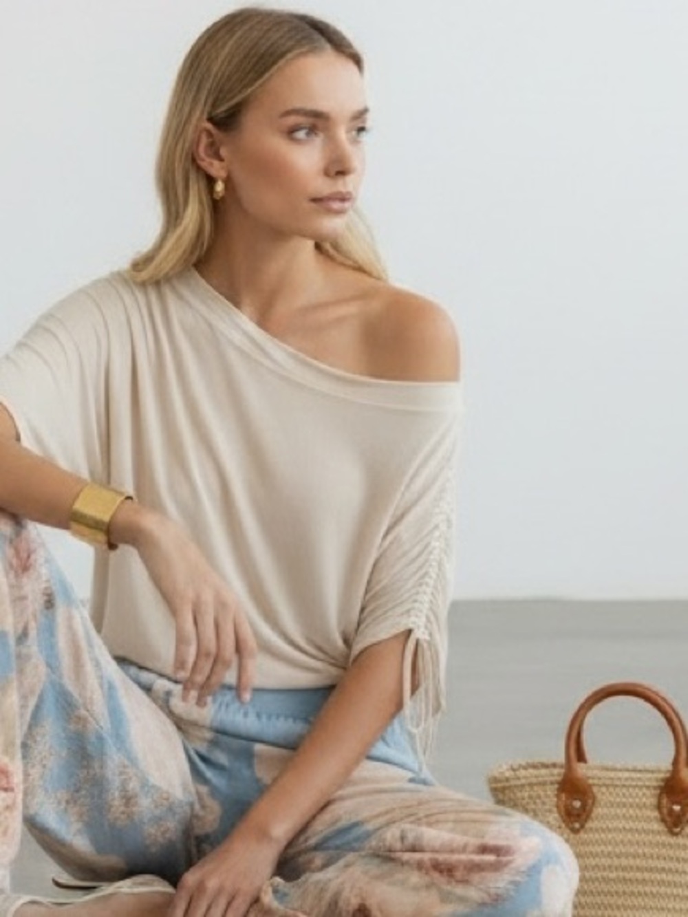 1526 • Ecru Soft Viscose Knit Semi-Sheer Asymmetric Double Drawstring Top
